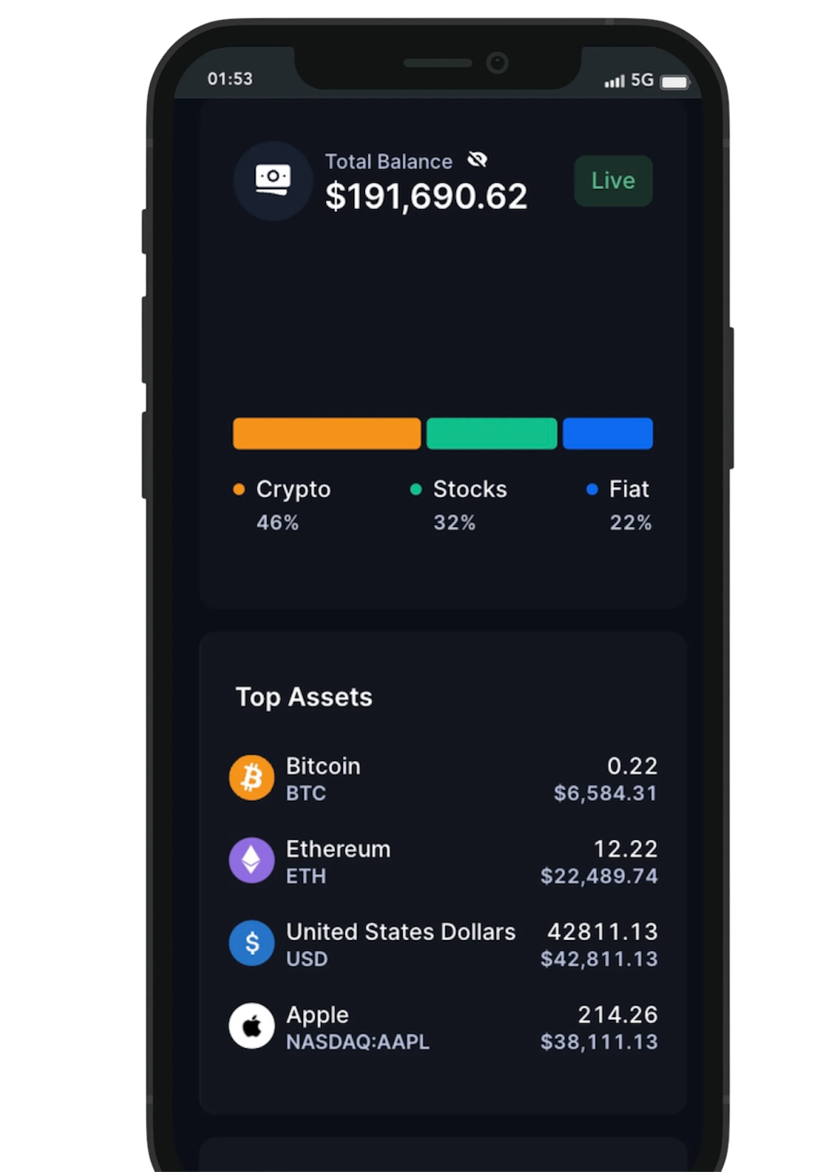 Goldbeta mobile app showing total balance, portfolio allocation across crypto, stocks and fiat, and top assets including Bitcoin, Ethereum, USD and Apple.